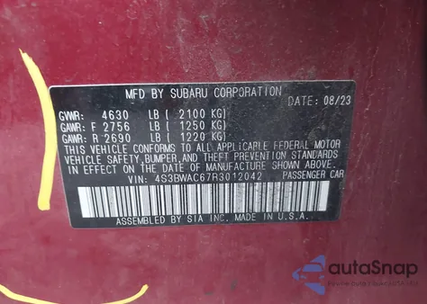 2024 Subaru Legacy Premium из США, поврежденный, VIN 4S3BWAC67R3012042